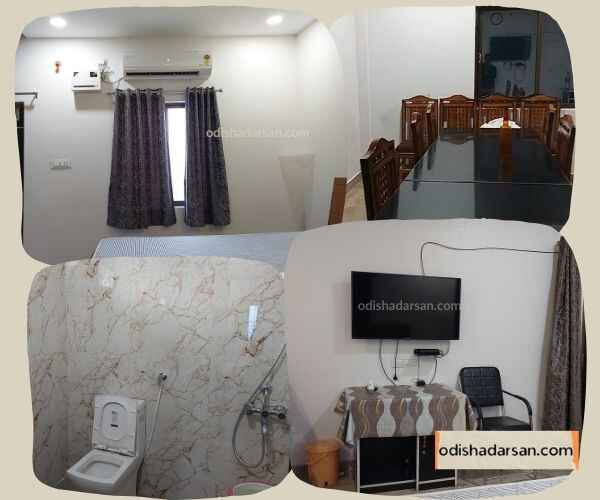 rabandhara-nature-camp-room-interior-facilities-described-with-four-images-of-showing-ac-bed-bathroom-television-set-and-the-dining-hall